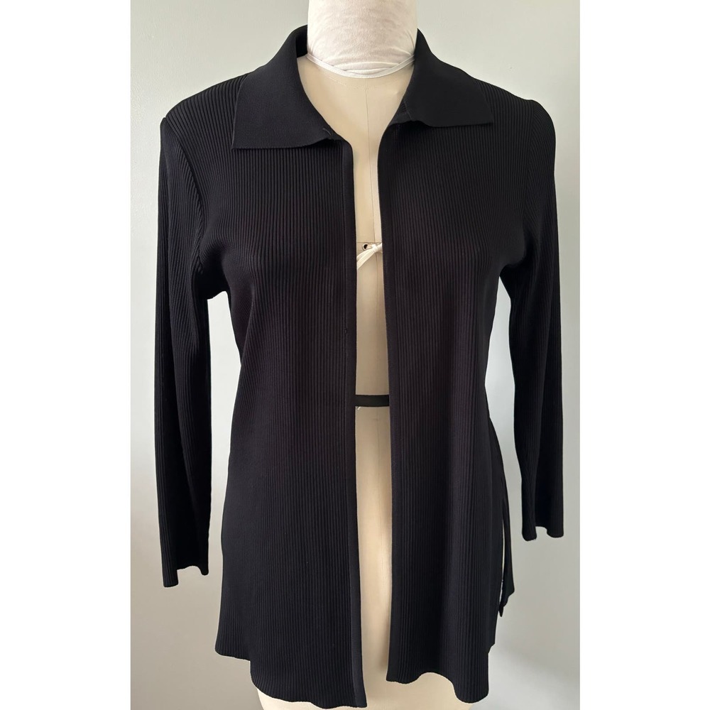 Exclusively Misook Black Ribbed Open Cardigan Size Medium Long Sleeve Vintage